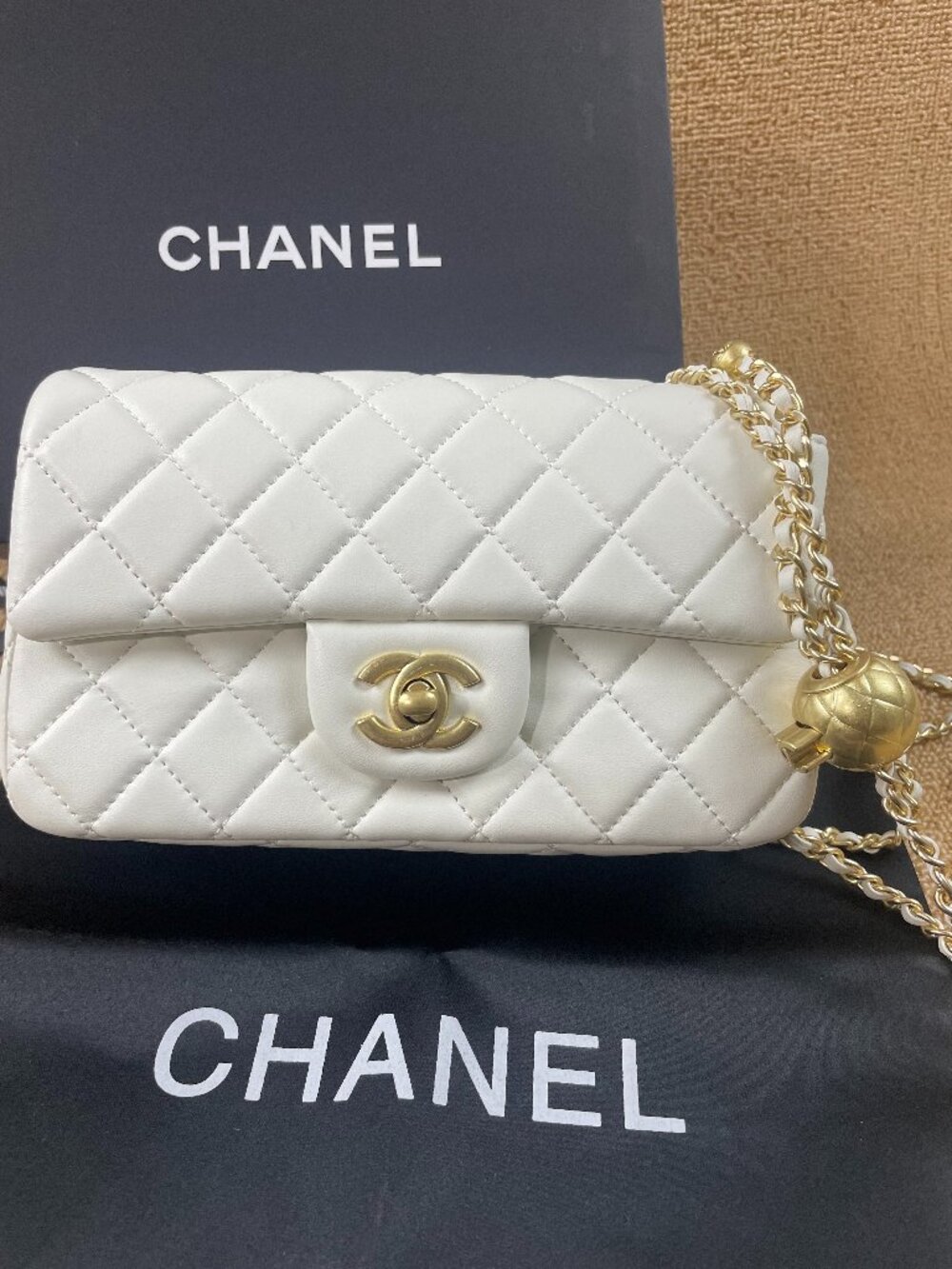 Chanel Classic Mini Flap Bag, White Lambskin, Adjustable Gold Ball Chain, Gold H